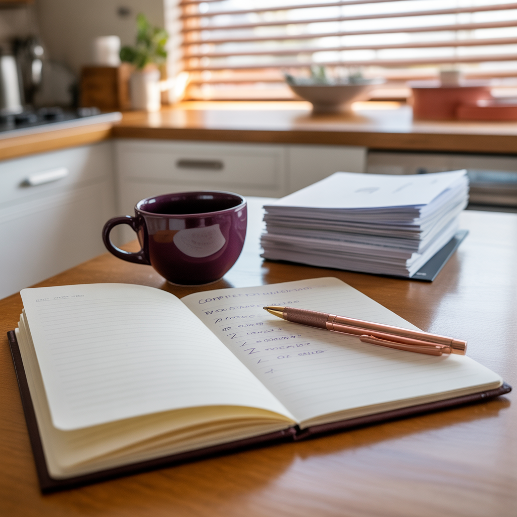 Notebook on a kitchen bench representing compliance fitting into everyday life